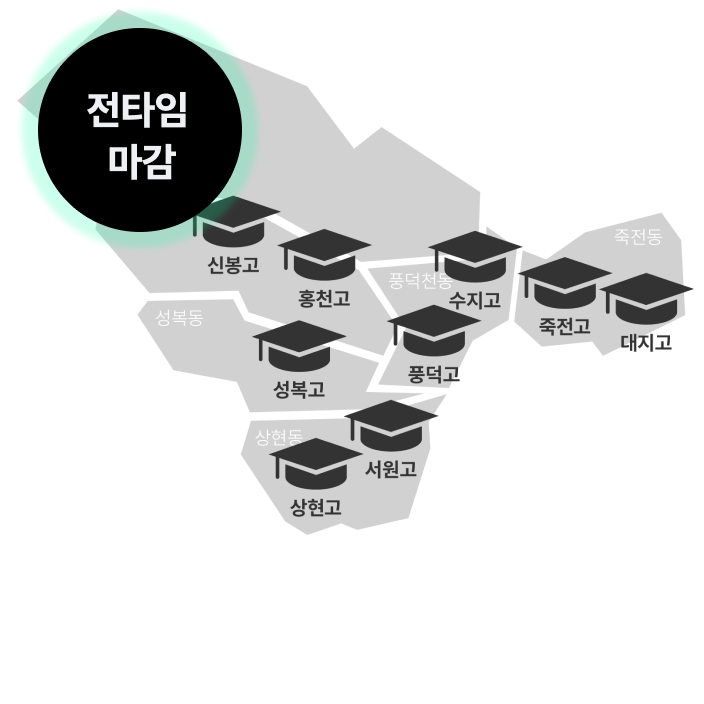 신봉고, 홍전고, 성복고, 성현고, 서원고, 수지고, 풍덕고, 죽전고, 대지고 전타임 마감