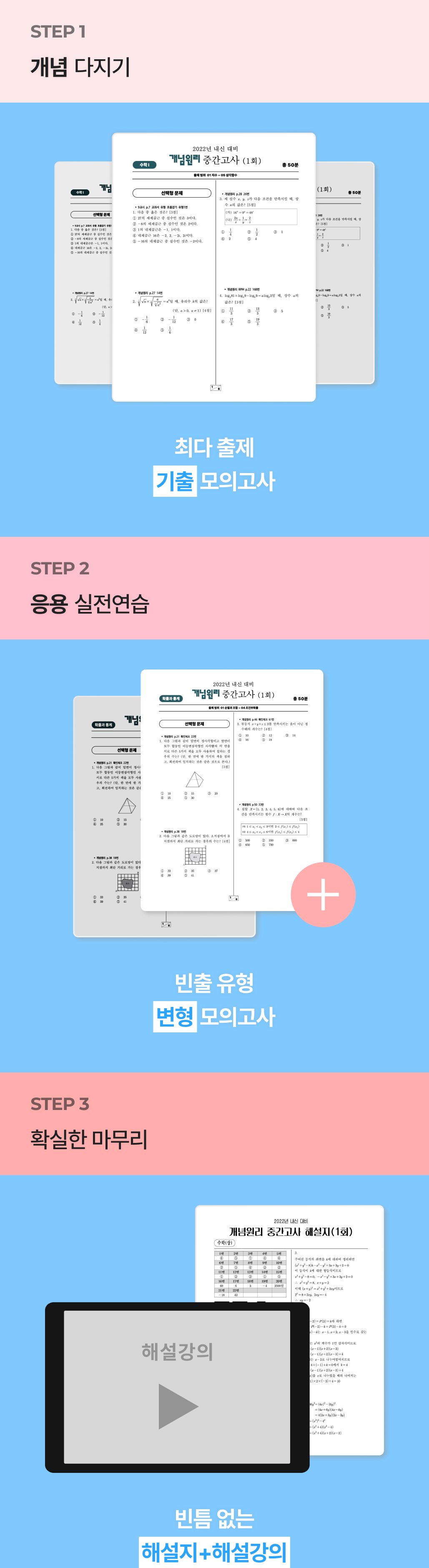 STEP 1 개념 다지기 : 최다 출제 기출 모의고사, STEP 2 응용 실전연습 : 빈출 유형 변형 모의고사, STEP 3 확실한 마무리 : 빈틈 없는 해설지 + 해설 강의